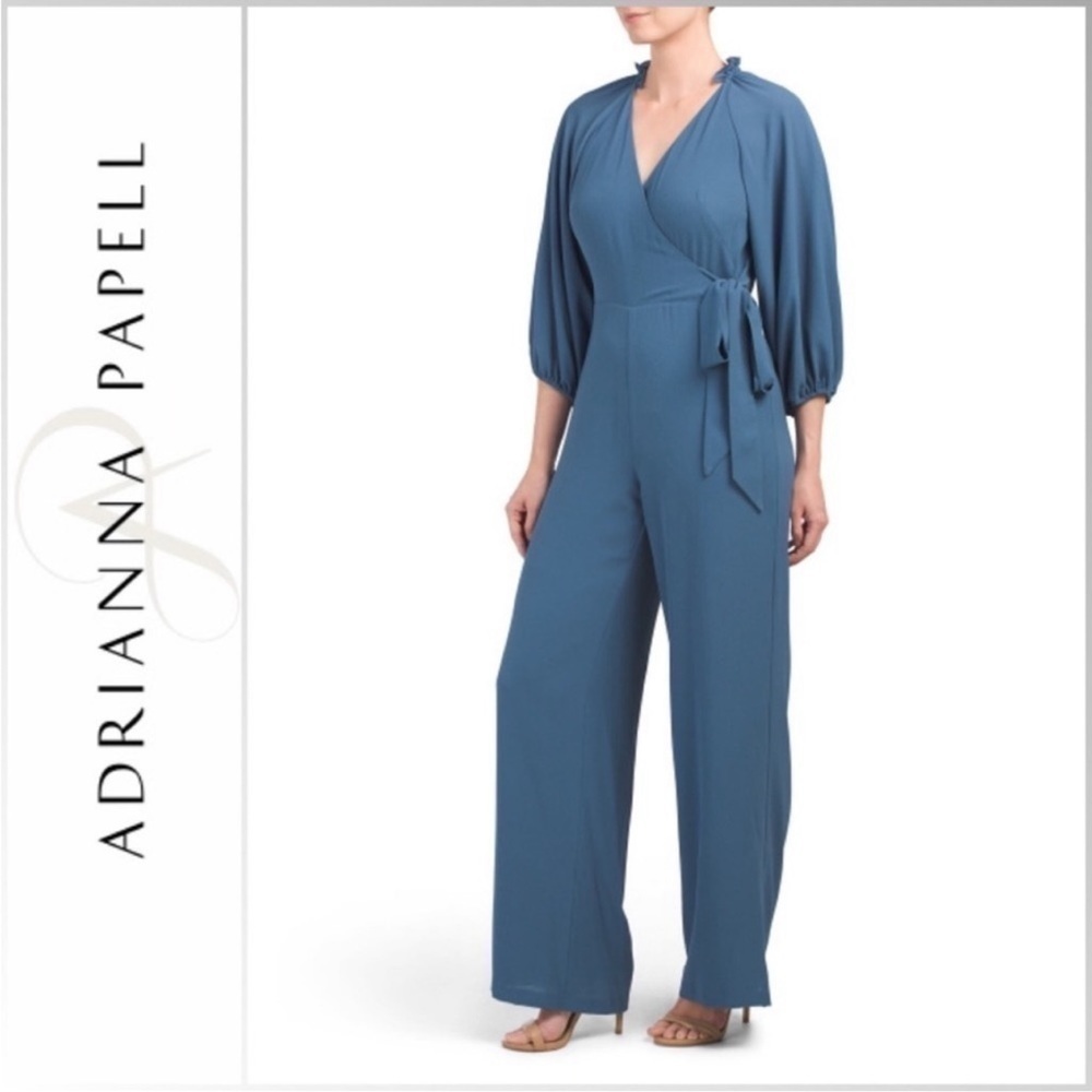 ADRIANNA PAPELL Pebble Chiffon wrapped Jumpsuit in Blue sea women’s size 4